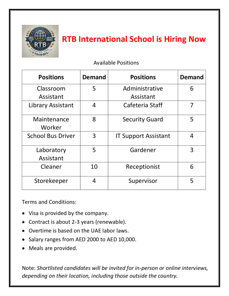 RTB International School – Job Openings in Dubai!